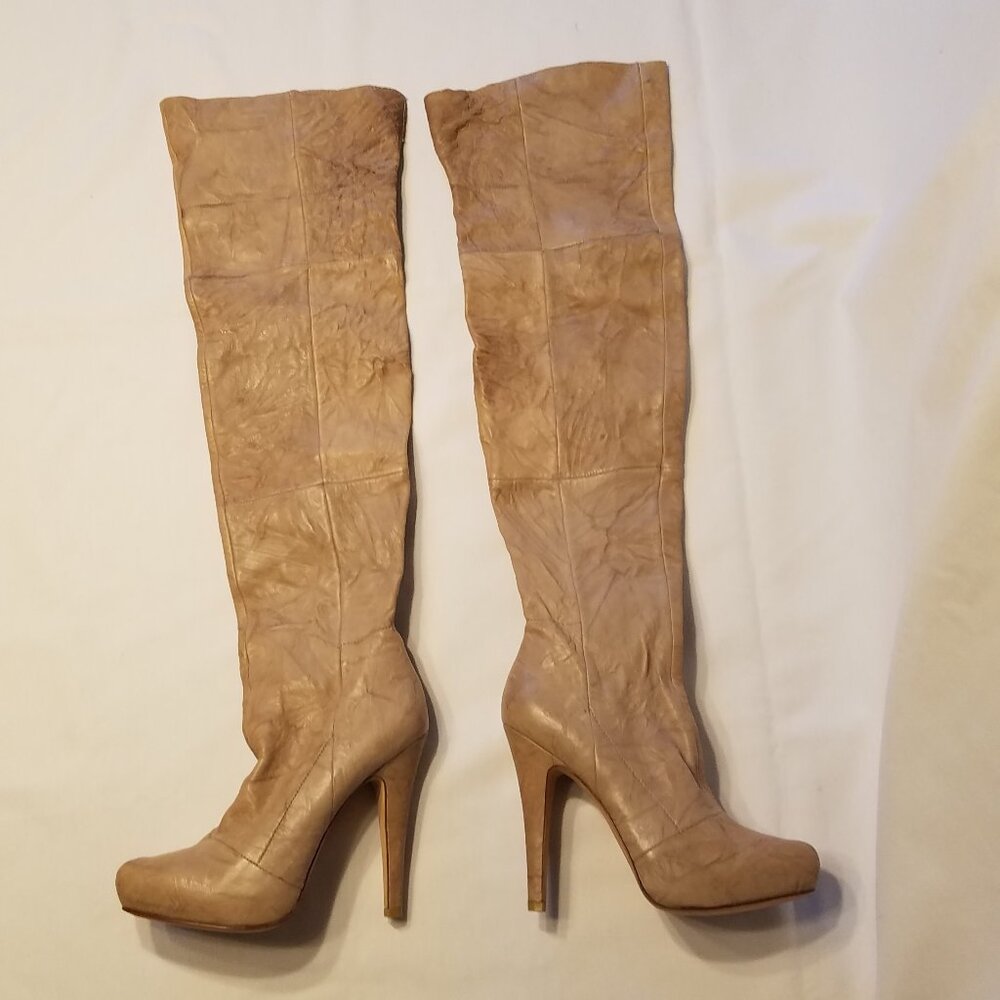 Report Signature Fairfax 2 Tan Leather Over The Knee Stiletto Boots 7.5M